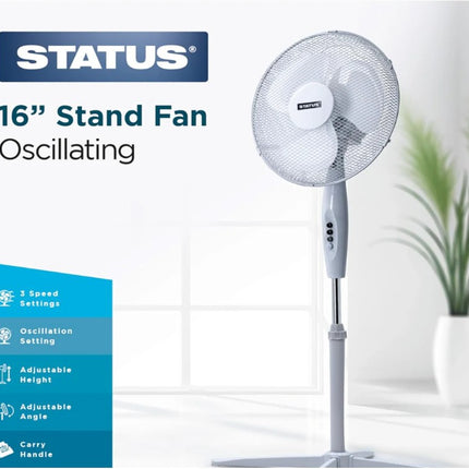 Status 16 Standing Fan Oscillating 3‑Speed Adjustable Height & Tilt White