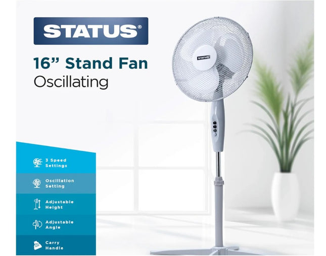 Status 16 Standing Fan Oscillating 3‑Speed Adjustable Height & Tilt White