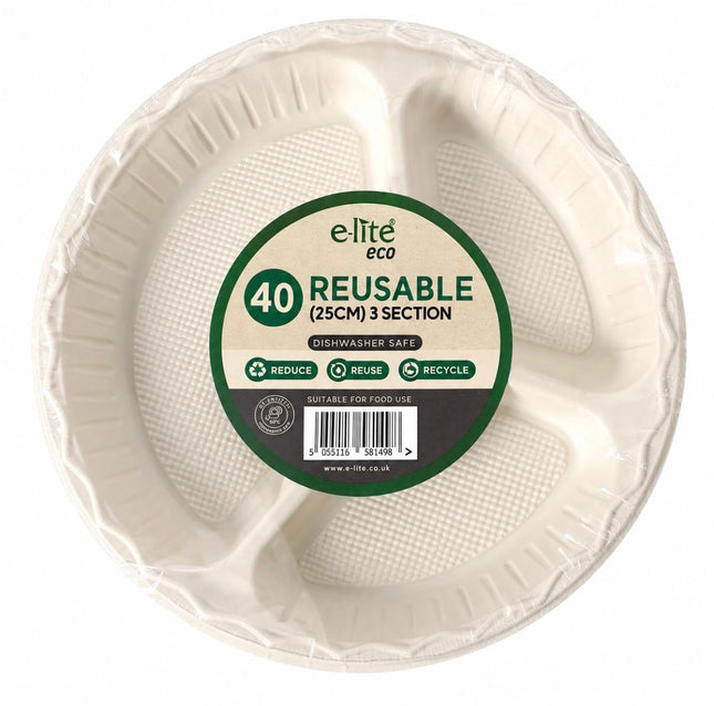 Plastic Plates 3 Compartment Pack 40